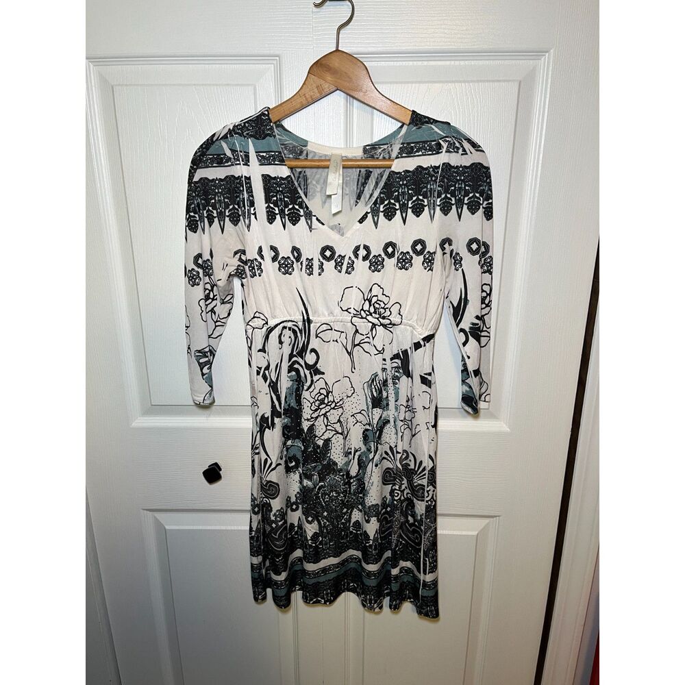 Cristinalove Womens Boho Mini Dress Medium Black White Floral 3/4 Sleeve